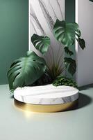 marmor piedestal med växter och organisk toner. generativ ai foto