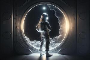 astronaut observera de universum från hans rymdskepp. generativ ai foto