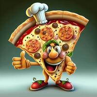 söt 3d pizza maskot tecknad serie bär kock hatt utför tummen upp gest. generativ ai illustration. foto