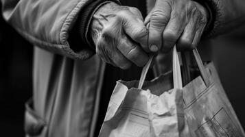 händer av ett gammal kvinna med en väska i hand generativ ai foto