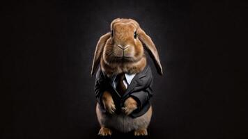 brun kanin kanin affärsman i en formell kostym på en mörk bakgrund generativ ai foto
