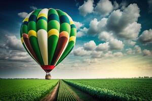 varm luft ballong på de bakgrund av en grön fält och Sol molnig himmel kopia Plats generativ ai foto