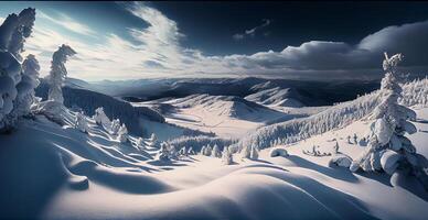 vinter- panorama snöig berg, snötäckt toppar - ai genererad bild foto