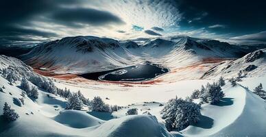 vinter- panorama snöig berg, snötäckt toppar - ai genererad bild foto