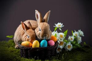 ai bilder av Lycklig påsk med påsk ägg och påsk kanin foto