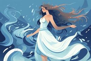 illustration av kvinna med strömmande hår dansa i de hav, skapas med generativ ai foto