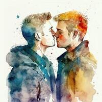 ai generativ vattenfärg illustration av två Gay män kyssar, en par i kärlek foto
