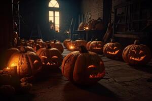 halloween läskigt bakgrund, skrämmande pumpor med rök i gammal stor kuslig spöken hus inuti stor tömma dimmig rum. kuslig oktober mörk rökig mystisk bakgrund begrepp. generativ ai. foto