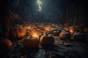 halloween läskigt bakgrund, skrämmande pumpor med rök i gammal stor kuslig spöken hus inuti stor tömma dimmig rum. kuslig oktober mörk rökig mystisk bakgrund begrepp. generativ ai. foto