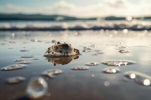 stänk Vinka på sandig Strand med gnistrande solsken på vatten. generativ ai. foto