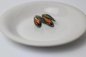 grön mussla på en tallrik på en vit bakgrund, färsk ny zealand mussla eller perna canaliculus på en vit bakgrund. isolerat grön musslor. foto