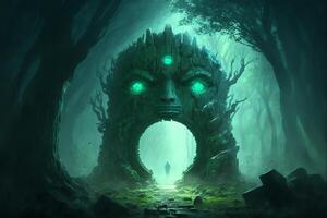 mystisk portal i de skog i de form av en golems huvud, grön dimma. generativ ai foto