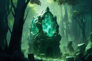 grön kristall tempel i de mitten i de skog, grön dimma. generativ ai foto
