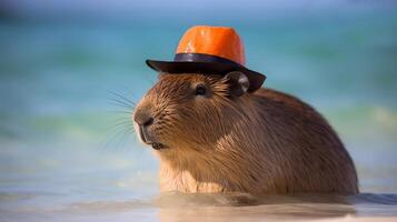 ai genererad söt capybara i orange hatt vilar på Strand av hav eller flod djur tema hydrochoerus hydrochaeris generativ ai foto