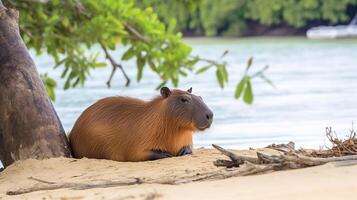 ai genererad söt capybara vilar på Strand av hav eller flod förbi träd djur tema hydrochoerus hydrochaeris generativ ai foto