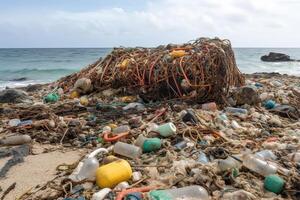 spillts sopor på de strand av de stor stad. tömma Begagnade smutsig plast flaskor. smutsig hav sandig Strand de svart hav. miljö- förorening. ekologisk problem. generativ ai. foto