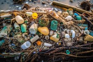 spillts sopor på de strand av de stor stad. tömma Begagnade smutsig plast flaskor. smutsig hav sandig Strand de svart hav. miljö- förorening. ekologisk problem. generativ ai. foto