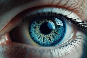 skön blå kvinnas öga i närbild. generativ ai. foto