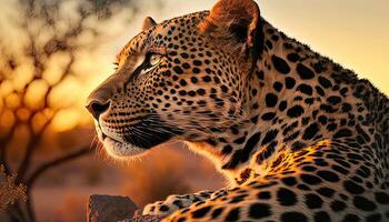 porträtt av en leopard i de morgon- solljus i de afrikansk savann. sida se. generativ ai. foto