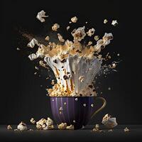 te kopp med stänk utsökt popcorn med kola och krämig. generativ ai. foto