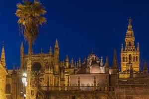 sevilla katedral är de tredje största kyrka i de värld och ett av de skön exempel av gotik och barock arkitektonisk stilar och giralda de klocka torn av är 104,1 meter hög foto