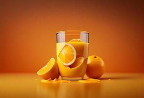 orange juice i en glas på orange bakgrund. 3d illustration. generativ ai foto