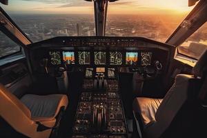 cockpit av modern passagerare jet flygplan. piloter på arbete. antenn se av modern stad företag distrikt och solnedgång himmel foto