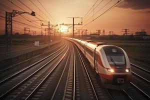 hög hastighet tåg i rörelse på de järnväg station på solnedgång foto