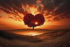 hjärta träd kärlek för natur röd landskap på solnedgång foto