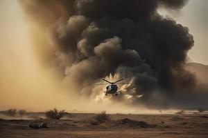 militär chopper går över går över brand och rök i de öken, bred affisch design foto