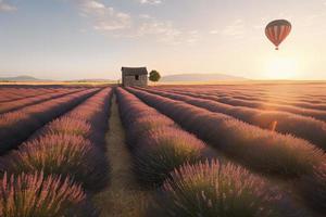 ändlös lavendel- fält med liten skjul och flygande varm luft ballong på en soluppgång tid i valensole, provence, Frankrike foto