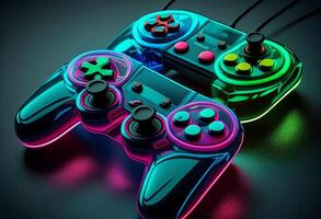 gamepad i neon ljus. dator genererad 3d Foto tolkning. generativ ai