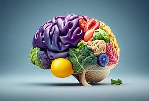 mänsklig hjärna tillverkad av grönsaker och frukt på svart bakgrund. 3d illustration foto