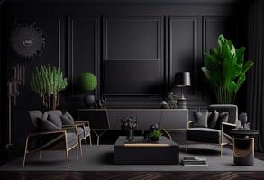 modern levande rum interiör med soffa, kaffe tabell och växter. 3d tolkning generativ ai foto