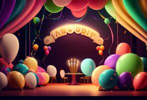 3d illustration av skede med en massa av färgrik ballonger och konfetti generativ ai foto