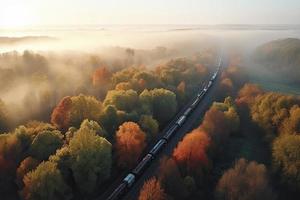 antenn se av frakt tåg i skön skog i dimma på soluppgång i höst. färgrik landskap med järnväg foto