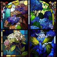 blommig färgade glas fönster - ai genererad foto
