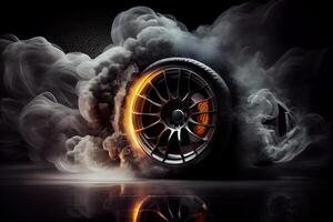 en bil hjul med en massa av rök kommande ut på svart bakgrund generativ ai foto