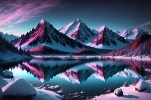 en berg sjö med snö på de bergen små mörk paradis ai genererad foto