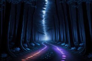 en väg ledande in i en skog på natt fantasi mystisk ai genererad foto