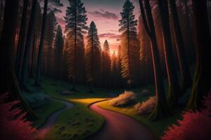 väg i mystisk skog mystisk landskap på gryning solnedgång vriden träd ai genererad foto