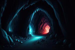 lysande kristall grotta tunnel ai genererad foto