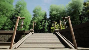 trappa ledande upp till en skuggig bambu skog i en virtuell parkera, mig foto