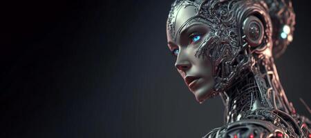 cyborg artificiell intelligens med lysande ögon och fysisk metall kropp. robot syntetisk trogen scifi. generativ ai. foto