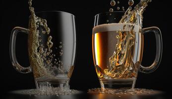 två kall öl med skum och vatten droppar, generativ ai foto
