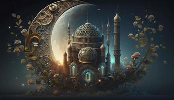 illustration av Fantastisk arkitektur design av muslim moské ramadan kareem, islamic arkitektur bakgrund ramadan kareem, islamic moské, ramdan, ramzan, eid, kultur, arab, generera ai foto