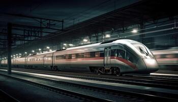 Foto av modern hög hastighet tåg godkänd genom de stad på natt. generativ ai