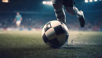 fot av fotboll spelare slå fotboll boll snabb i stadion. generativ ai foto