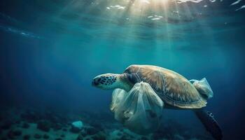 under de hav, en Foto med sopor, caretta caretta och fisk. miljö- förorening begrepp. generativ ai