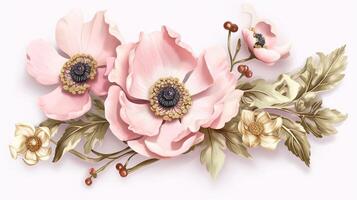 generativ ai, skön ljus rosa blommor brosch, opal sten och gyllene Färg palett isolerat på vit bakgrund. bijouteri, Smycken stänga upp foto